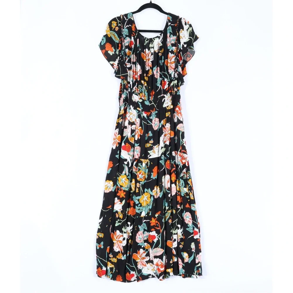 Bohme Floral Maxi Dress Womens XL Black Flutter Sleeve Smocked Waist Boho Flowy